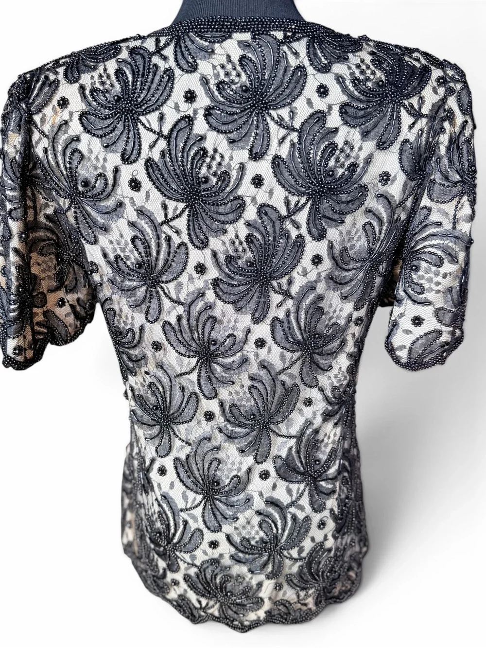 Vintage Lawrence Kazar Beaded Blouse Black Floral Mesh Scalloped Evening Top M - Picture 6 of 9